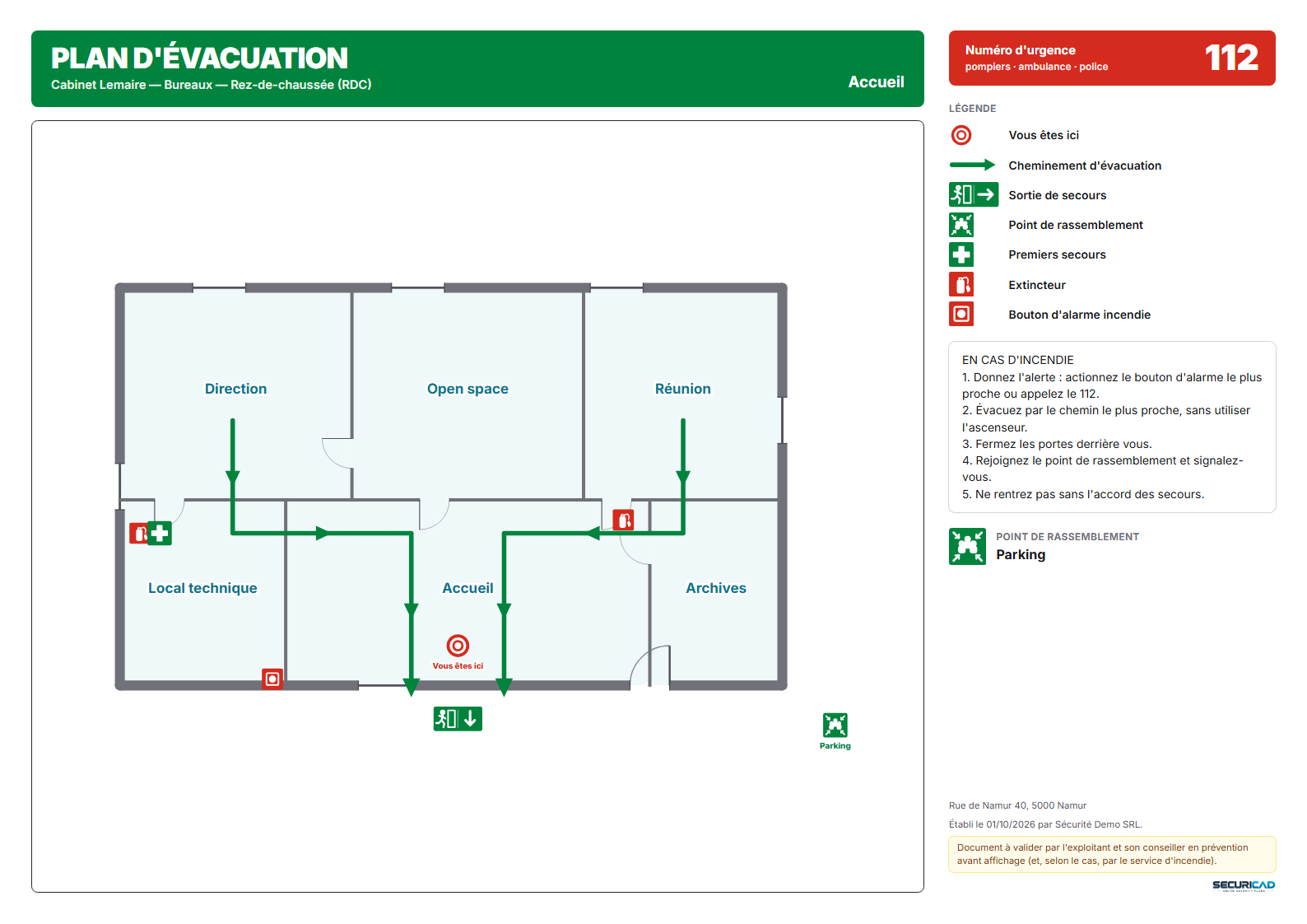 Une planche de plan d'évacuation produite par SecuriCAD